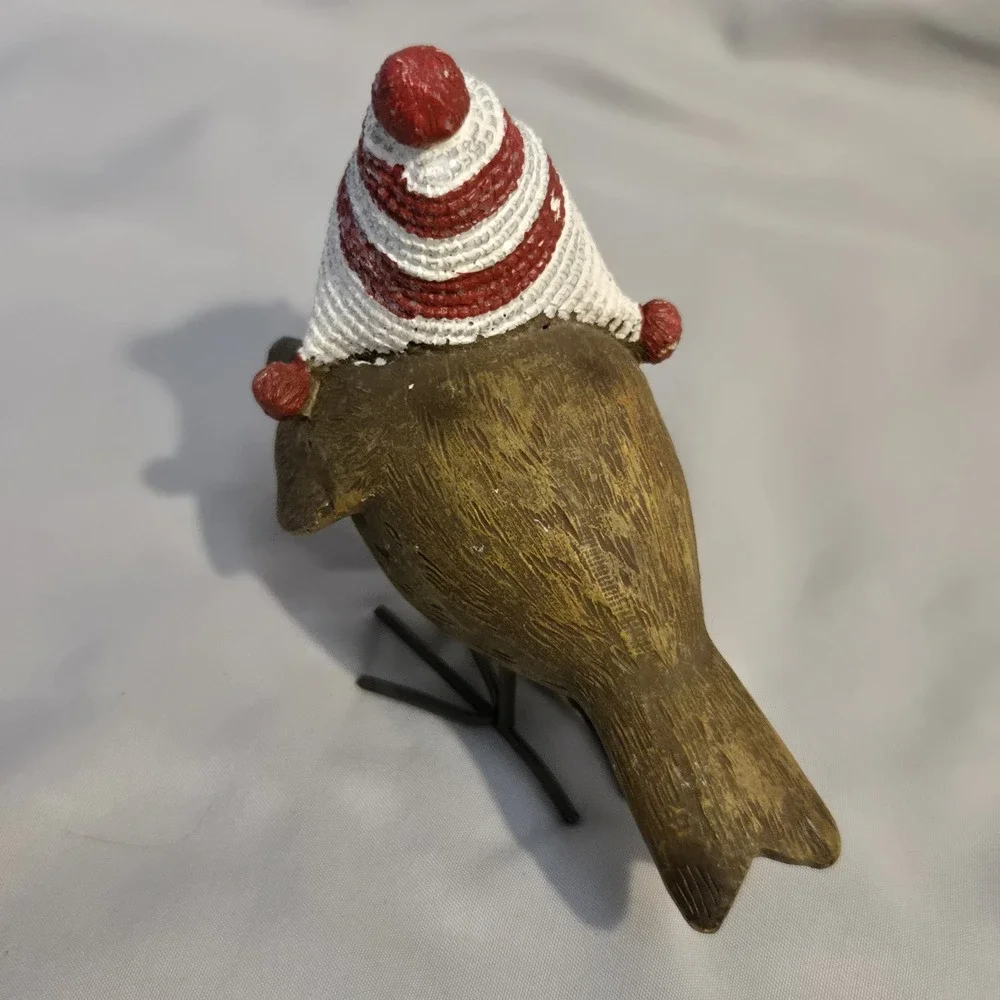 Christmas Bird Figurine Red White Winter Hat Pom Pom Rustic Holiday Decor 4